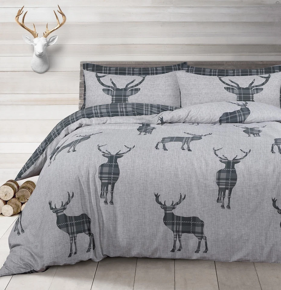 VELOSSO Grey Stag Reversible Duvet Cover Set Pillowcase Fitted Sheet Polycotton Xmas