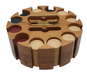 1940s MCM Poker 12 Chip 2 Card Holder Caddy Wood W/Brass Trim & Cover Vintage - Picture 1 of 11
