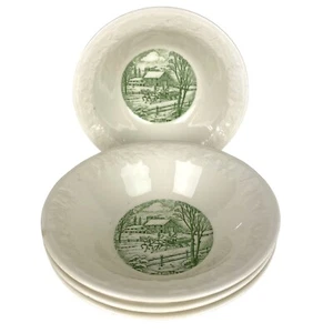 Homer Laughlin Cereal Bowls 6 1/4” Pastoral Green Horse Drawn Sleigh Set 4 - Picture 1 of 6