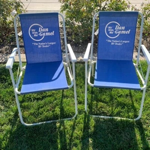 2 Vintage Dan Gamel RV Fabric Blue Folding Lawn Camp RV Airstream Chairs Retro - Picture 1 of 24