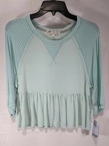 JOLT Women's Aqua & White Striped Round Neck 3/4 Sleeve Ruffle Hem Top sz S NWT - Picture 1 of 7