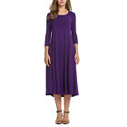 Pleated Party Soft Women Dress 3/4 Sleeves Long Maxi Under Knee Round Collar