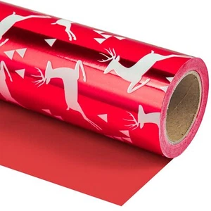 Reversible Christmas Wrapping Paper Mini Roll 17 Inch X 33 Feet Red Reindeer Wit - Picture 1 of 7