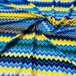 Stretch Zig Zag Blue and Yellow Print Fabric Spandex by Yard for Activewear - Picture 1 of 6