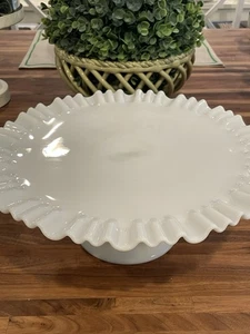 Vintage Fenton Milk Glass Pedestal Cake Stand Plate Ruffled Edges Round - Photo 1/8