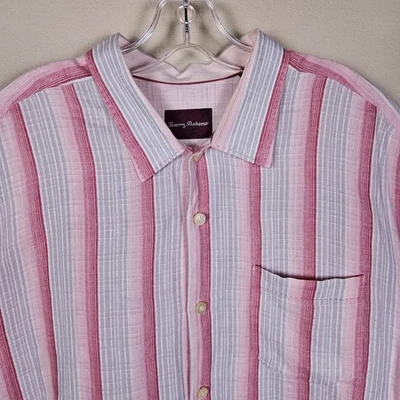 Tommy Bahama Linen Shirt Mens XL XLX Striped Short Sleeve Pink Vacation Hawaiian - Image 1 of 4