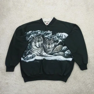 Vintage Wölfe Sweatshirt Herren Large Wildlife Grafik schwarz Pullover Y2K Grunge - Bild 1 von 11