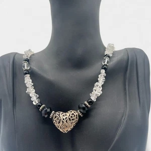 Handmade Quartz Crystal Chip Necklace Black Beads Silver Filigree Heart 20" - Picture 1 of 9