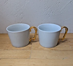 Pair Starbucks 12 oz Mug by Rosanna White Porcelain Gold Handle Coffee Tea - Picture 1 of 7