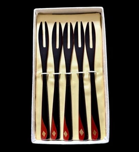 Set Of 5 Vintage Black Lacquerware Wooden Caviar Forks Japan NOS - Picture 1 of 6