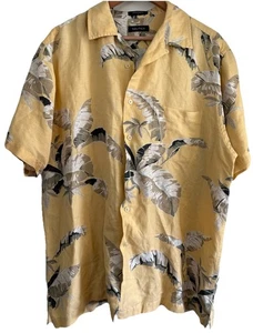 Vtg Nautica Yellow Hawaiian Shirt Aloha Linen Blend Button Mens L Palm Lvs 90s - Picture 1 of 4