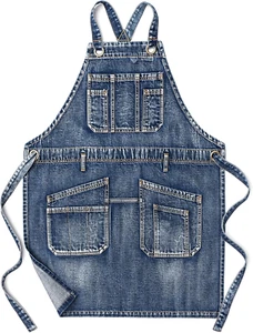 Denim Work Shop Apron for Men with Tool Pockets, Cross-Back Straps for Hairdress - Picture 1 of 12