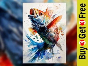 Jumping Rainbow Fish 5"x7" Print on Matte Paper | Colorful Watercolor Scene - Picture 1 of 18