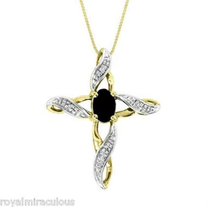 Onyx and Diamond Cross Pendant Yellow Gold Plated - Picture 1 of 12