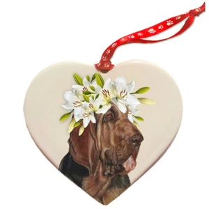 Bloodhound Porcelain Floral Heart Shaped Double-Sided Ornament Décor - Picture 1 of 2