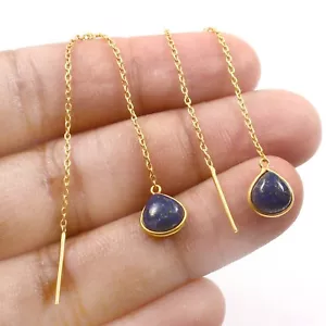 Lapis Lazuli Earrings -Natural Gemstone 18k Solid Gold Handmade Threader Earring - Picture 1 of 3