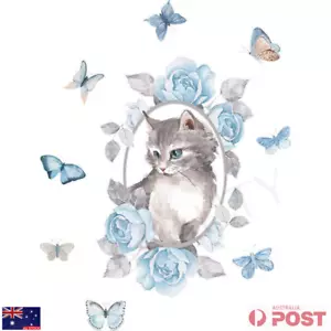 Cute Cat & Butterflies Nursery Wall Decal Sticker Blue Peony Flower Floral Decor - Picture 1 of 7