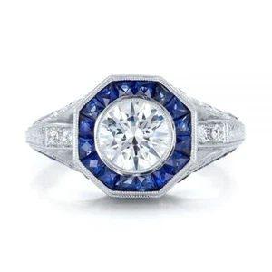 Anillo de compromiso retro vintage estilo ArtDeco piedra redonda corte francés halo zafiro - Imagen 1 de 5