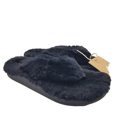OluKai Kipe’A Heu Womens Size 8 Black Wool Shearling Slippers Fuzzy Thong Soft - Image 1 of 4