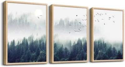 Arte de pared en lienzo madera natural conjunto de 3 paneles bosque brumoso 20"x28" estirado enmarcado Foto 1 de 4