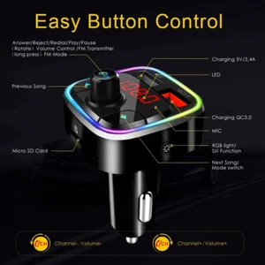 Bluetooth 5.0 Car FM Transmitter,Qc3.0 Wireless Bluetooth Car Adapter Mp3 Music - Picture 1 of 8
