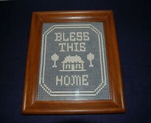 "Bless This Home" Hand Crochet Wood Framed Picture With Glass 12 1/2" X 10 1/2"