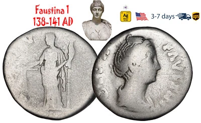 Antigua moneda Imperio Romano plata Faustina 1 138 141 dC esposa ANTONINO PÍO #33054 Foto 1 de 3