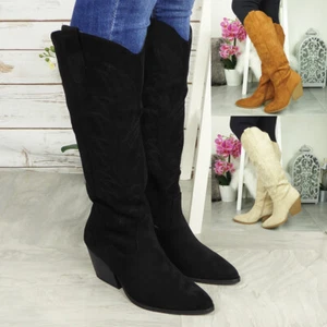 Ladies Cowboy Wide Boots Mid Calf Shoes Zip Pointed Warm Comfy Womens Shoe Sizes - Picture 1 of 25