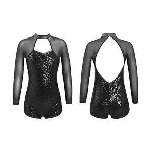 Mädchen Ballett Trikot Langarm Gymnastikanzug mit Pailletten Glitzern Ganzanzug - Bild 1 von 39