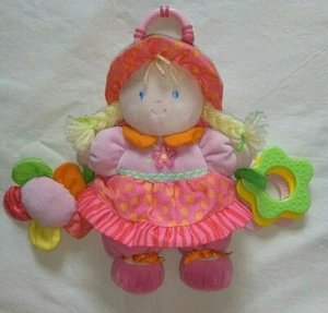 Carter's Pink Orange Polka Dot Soft Baby Doll Rattle Flowers Squeaks Teether 9" - Picture 1 of 5