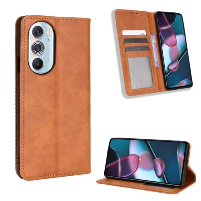Funda tipo billetera retro de cuero para Motorola Edge+ Plus 5G UW (2022) + Protector de pantalla Foto 1 de 4