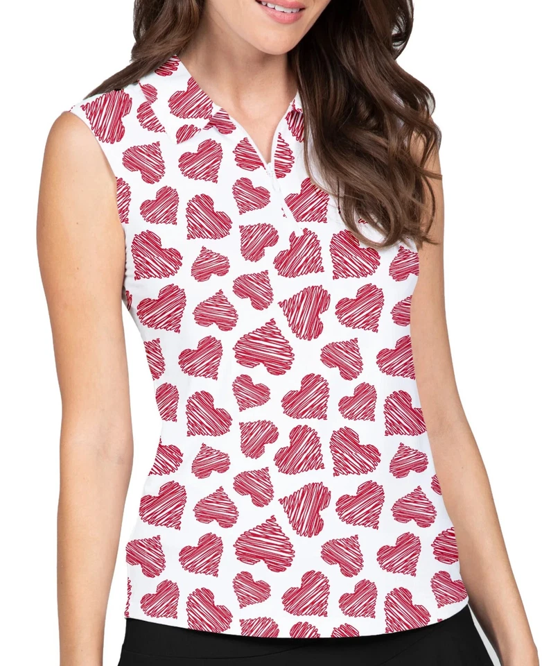 NWT Ladies IBKUL Scribble Hearts Red Sleeveless Polo Shirt XS S M L XL XXL - Image 1 of 1