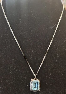 Silver Plate Necklace with Emerald Cut Pendant in Light Blue Crystal 18 inches - Picture 1 of 3