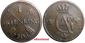 SWEDEN 1805  1 SKILLING OVERSTRUCK ON 2 ORE S.M. 1749 FREDRIK I  KM#566 (2374A) - Foto 1 di 3