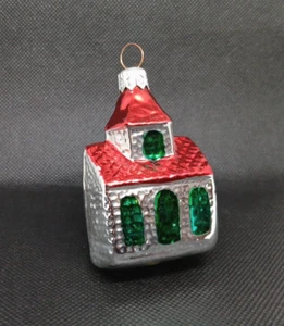Vintage Glas Weihnachten Kirche Ornament Silber Grün & Rot 3" Dekoration - Bild 1 von 8
