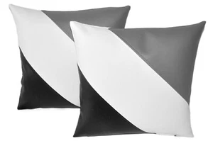 2 Black White & Grey Diagonal Stripe Faux Leather Cushion Covers 16" 18" 20" - Picture 1 of 3