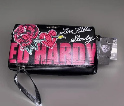 Ed Hardy Love Kills Slowly W/Red Rhinestones Clutch Shoulder Bag & Adjust Strap - Image 1 of 4