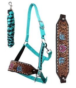 Challenger Horse Noseband Tack Bronc Leather HALTER Tiedown Lead Rope 280HR04 - Picture 1 of 3