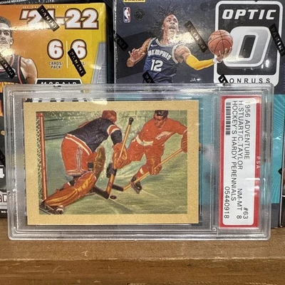 1956 Gum Inc. Adventure - Gordie Howe, Chuck Rayner #63 PSA 8 GREAT CENTERING - Image 1 of 2