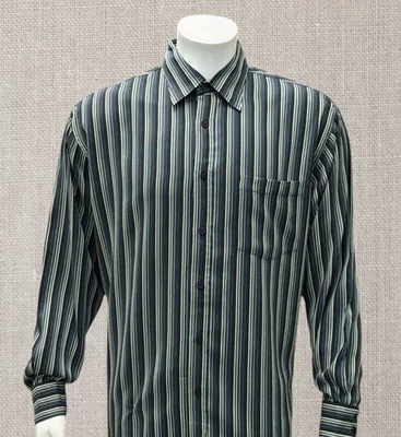 Camisa de vestir grande Bugatchi Uomo verde azul amarillo negro a rayas para hombre Foto 1 de 4