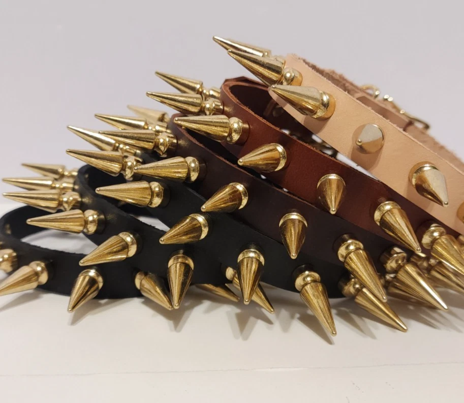 Gargantilla Collar 5/8" Cuero Genuino Latigo Latón Grandes Picos Gótico Fetiche Foto 1 de 1