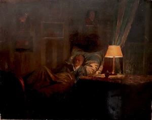1945 Russisches Interieur Gemälde Figur Mann liest im Bett Realismus Nocturne signiert - Bild 1 von 23