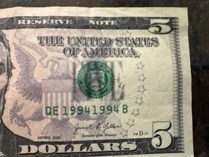 Fancy Serial Number $5 Bill – Repeater 1994-1994 Series 2021 – Rare Pattern - Picture 1 of 3
