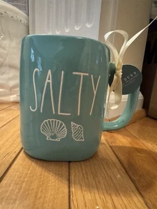 Rae Dunn Teal Green SALTY Mug With Seashells Summer Beach NEW - Picture 1 of 4