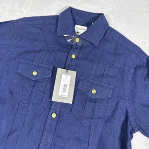 Baird McNutt Murano Short Sleeve Linen Shirt Sz Small Blue Plaid NWT$69 - Picture 1 of 10