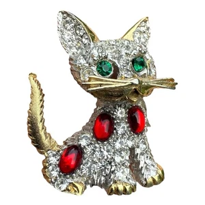 Vintage signierte rhodinierte/vergoldet Pell rot Gelee Cabochon Strass Katze Brosche - Bild 1 von 5
