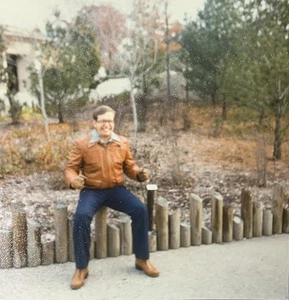 Vintage Photo Snapshot Man Sitting In Leather Jacket 1980s - Picture 1 of 2