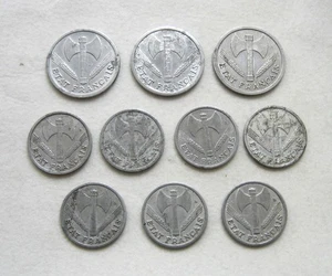 Ten WWII Era Vichy France 2 and 1 Franc Aluminum Coins 1942-44 Issue - Picture 1 of 4