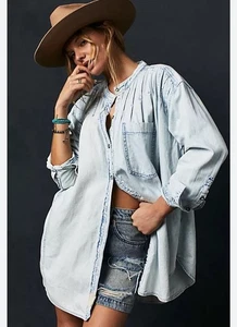 We The Free Women Tuck Denim Top dress Blue oversized Grunge L Cowboy Festival - Picture 1 of 13