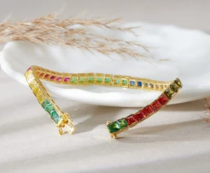 10K Yellow Gold 20Ct Rainbow Sapphires 7" Luxury Tennis Bracelet Multi-Color - Picture 1 of 17